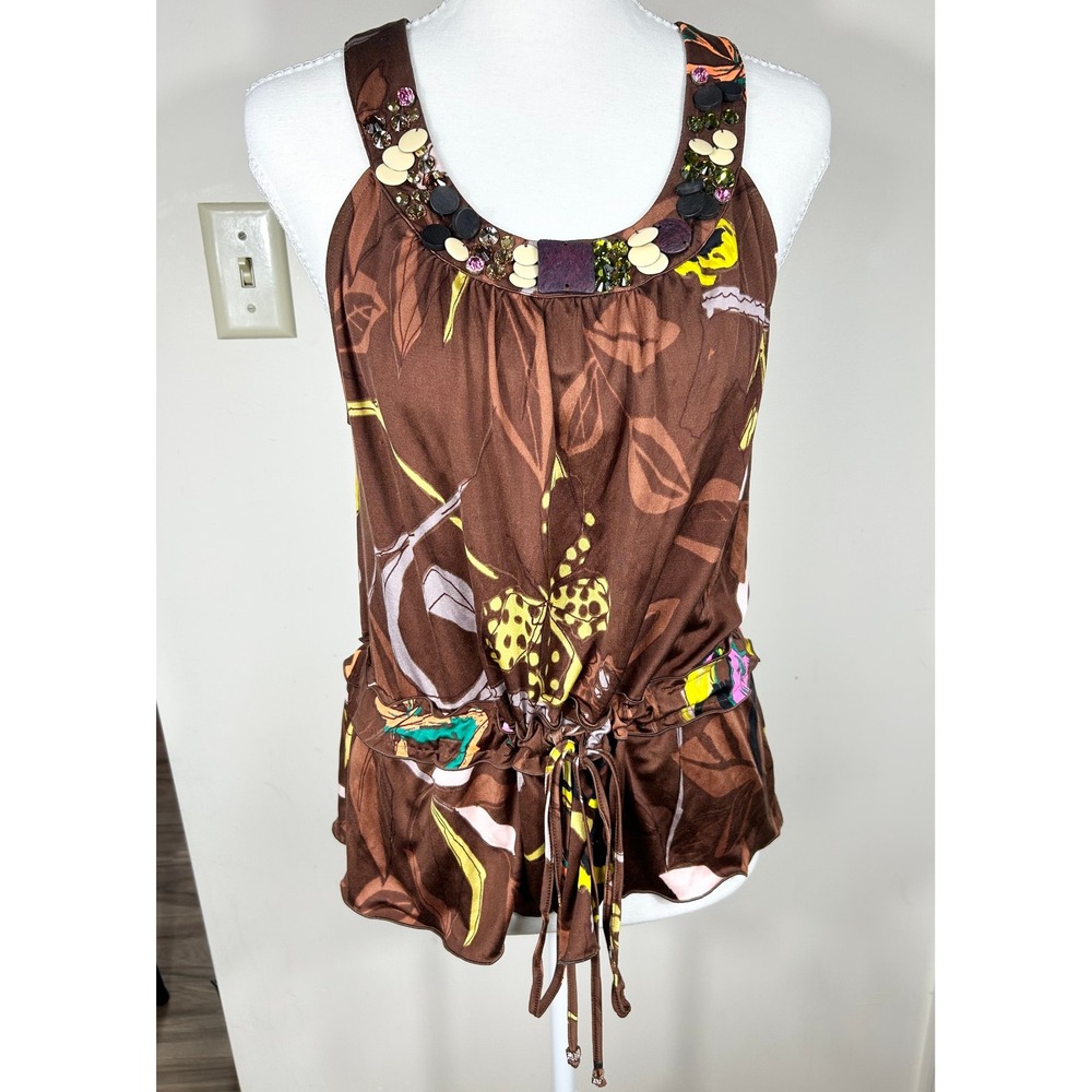 Y2K VTG Blumarine Silk Babydoll Top Women's Designer Brown‎ Floral Beaded Fairy